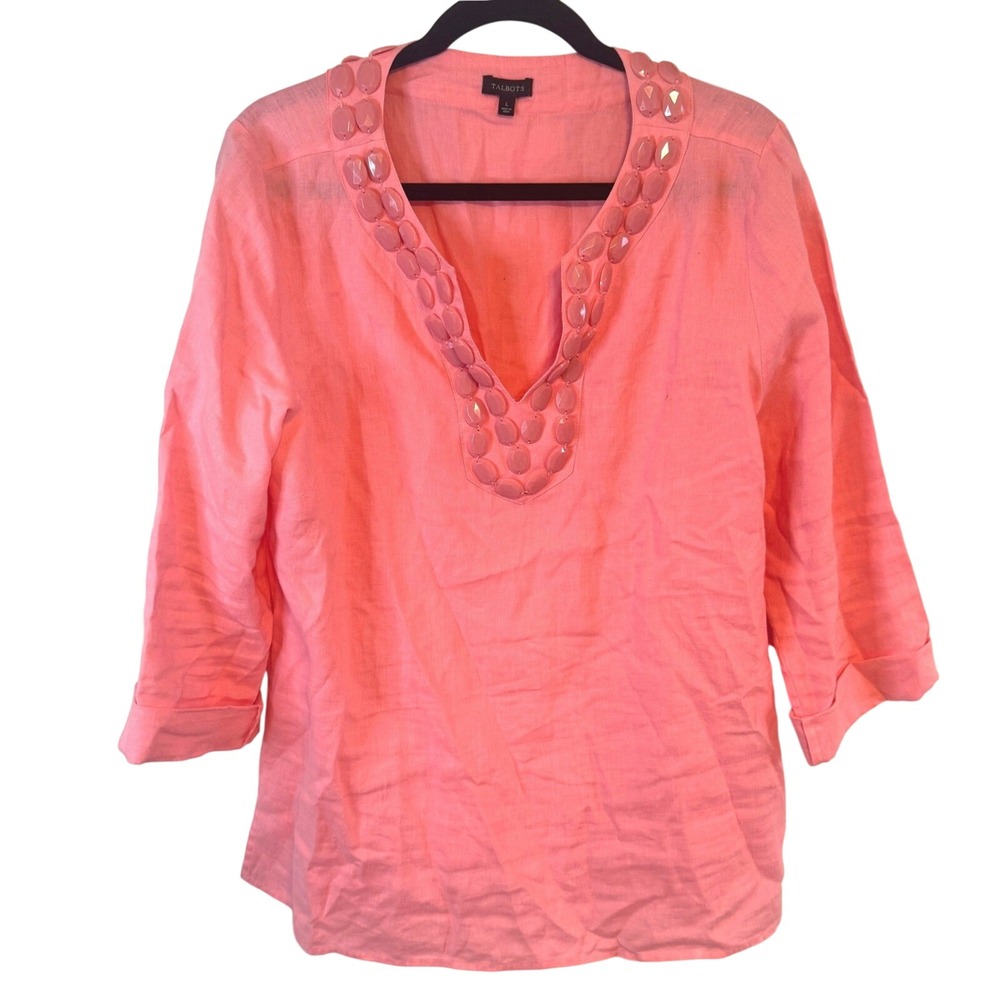 Talbots‎ Tunic Top Beaded Linen Size L Pink Womens Coastal Summer Blouse